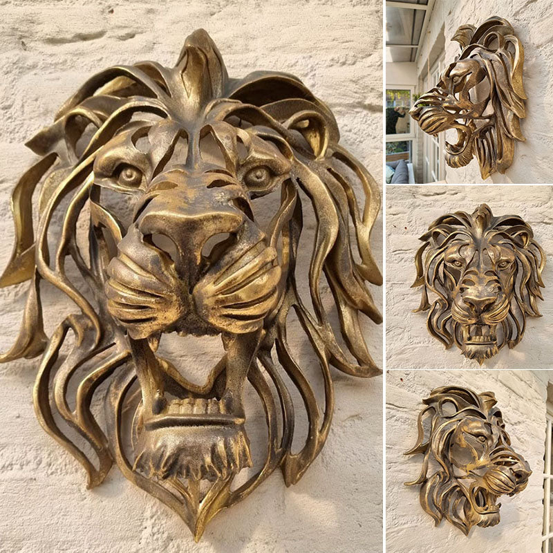 "Handgjord gyllene lejonhuvud väggdekoration i detaljrikt resin, elegant 3D-design för stilfull hemdekor"