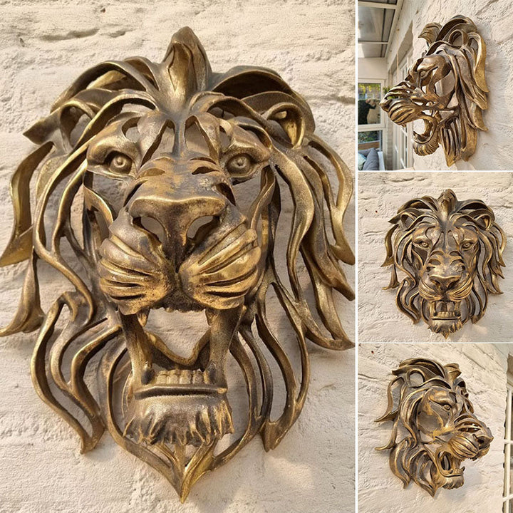 "Handgjord gyllene lejonhuvud väggdekoration i detaljrikt resin, elegant 3D-design för stilfull hemdekor"