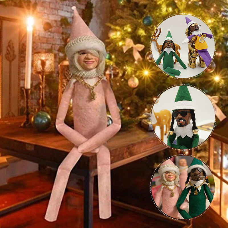 Handgjord julnissedocka 30 cm med röd mössa, guldkedja och grön klädsel, perfekt för juldekoration.