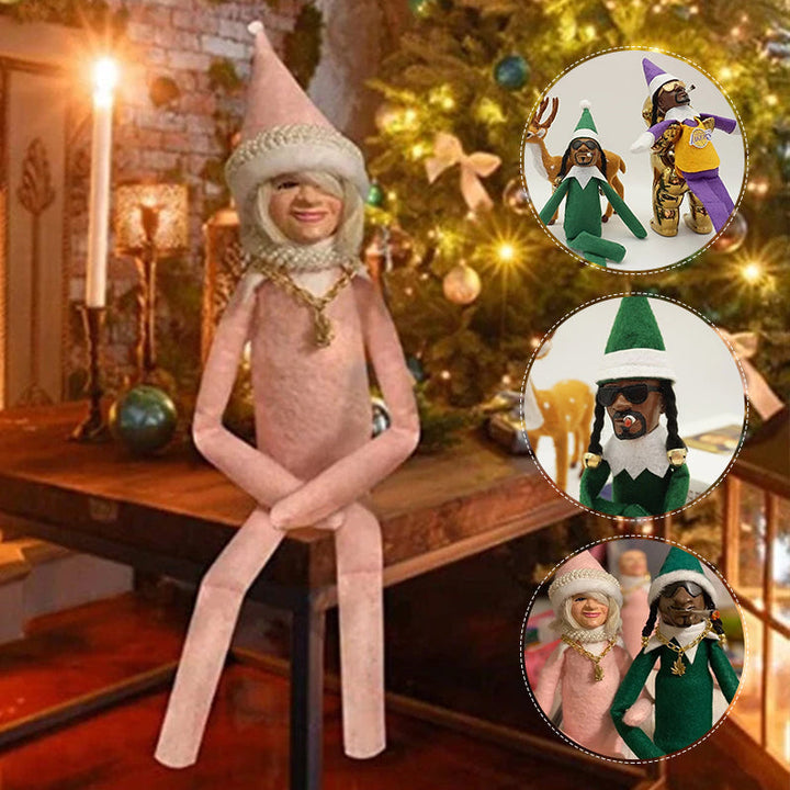 Handgjord julnissedocka 30 cm med röd mössa, guldkedja och grön klädsel, perfekt för juldekoration.