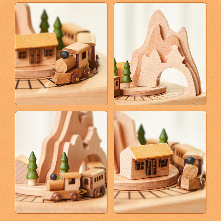 "Handgjord roterande musikdosa i trä, elegant design, intrikat metall-urverk för dekor och presenter."