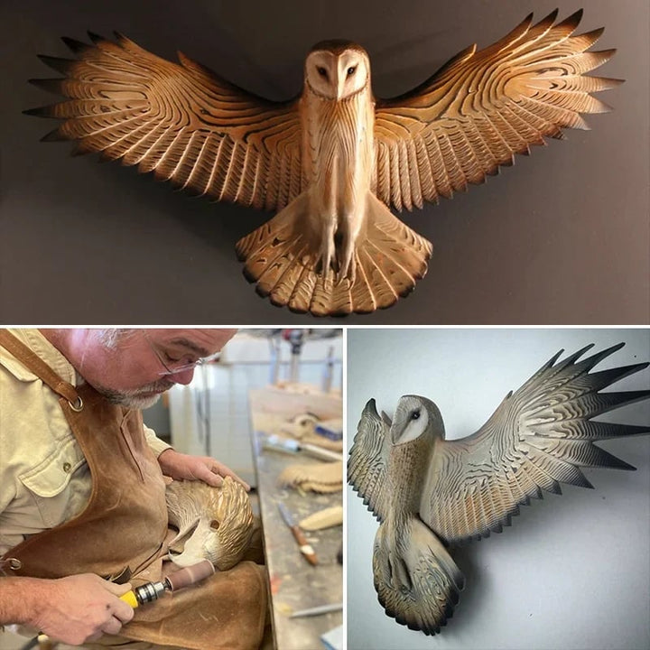 Detaljerad träkonst: uggla snidad för väggdekoration. Naturtema, handgjord.