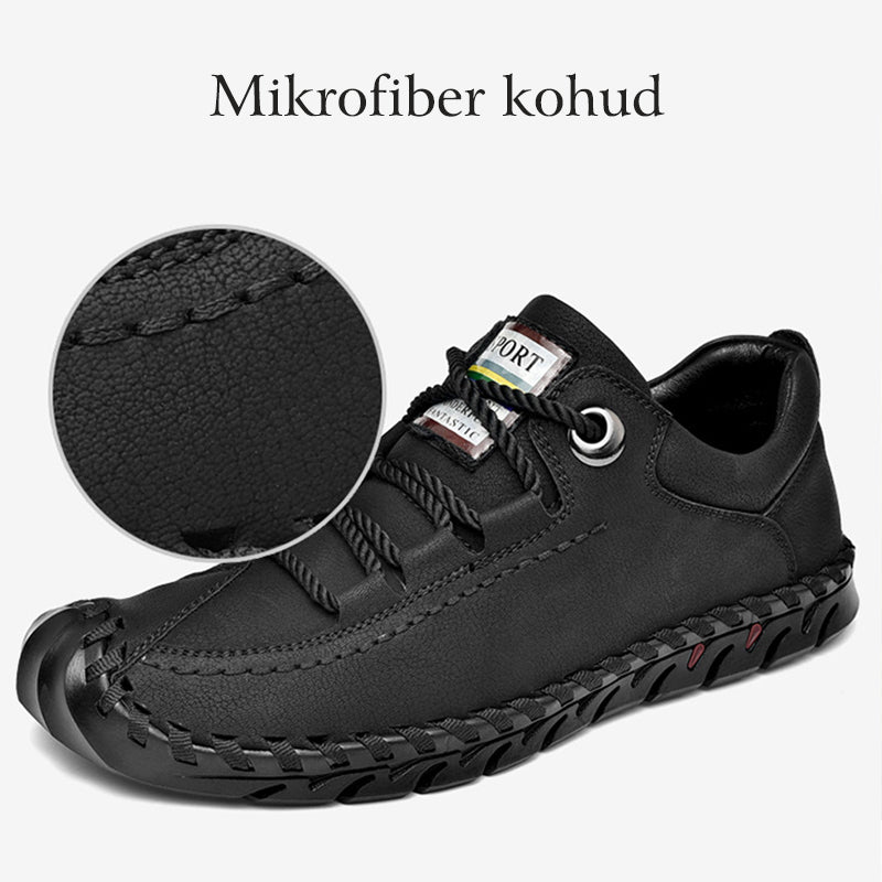 "Handgjorda herrskor i mikrofiber med rund tå och snörning, andningsbart foder, slitstark gummisula för vår och höst."