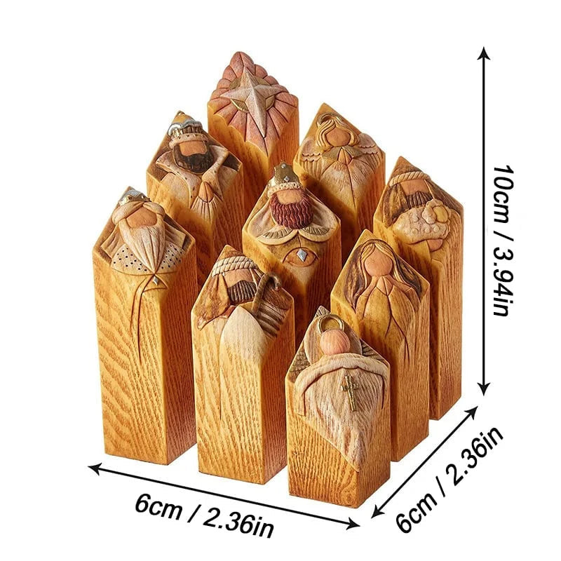 "Handgjorda Kristusfödelse statyer i harts, traditionella figurer som Maria och Josef i detaljrik stil."