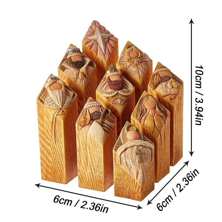 "Handgjorda Kristusfödelse statyer i harts, traditionella figurer som Maria och Josef i detaljrik stil."