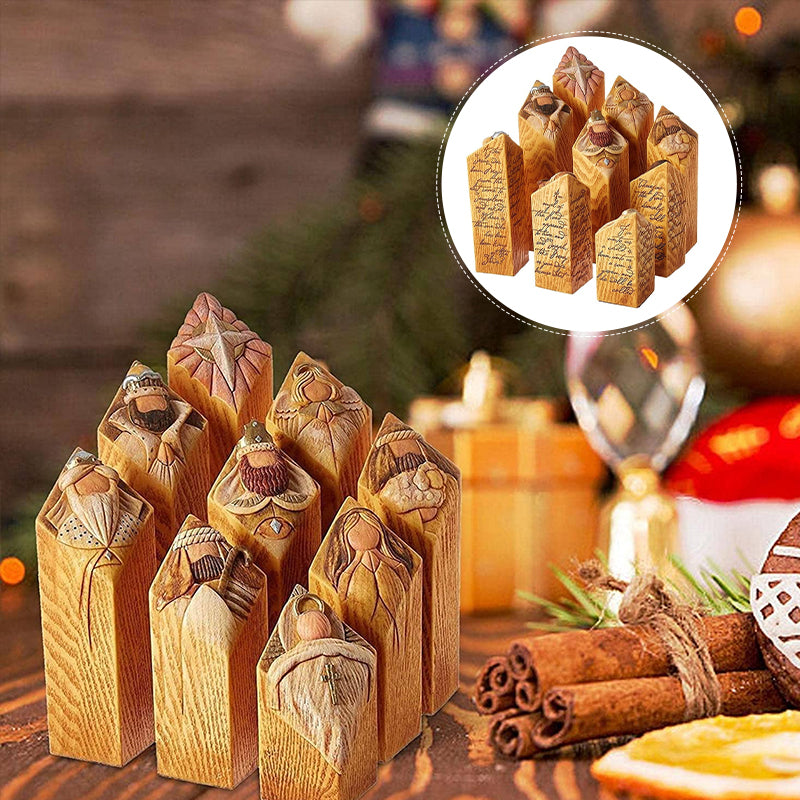 "Handgjorda Kristusfödelse statyer i harts, traditionella figurer som Maria och Josef i detaljrik stil."