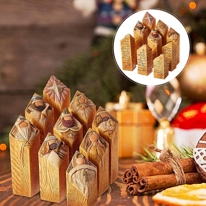 "Handgjorda Kristusfödelse statyer i harts, traditionella figurer som Maria och Josef i detaljrik stil."