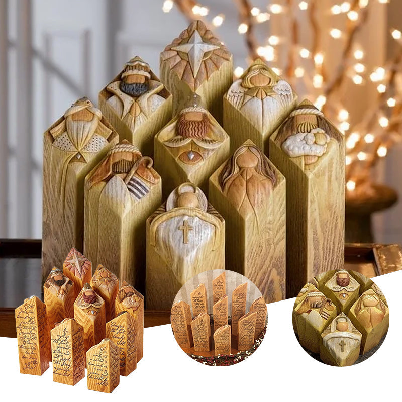 "Handgjorda Kristusfödelse statyer i harts, traditionella figurer som Maria och Josef i detaljrik stil."