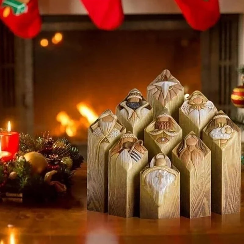 "Handgjorda Kristusfödelse statyer i harts, traditionella figurer som Maria och Josef i detaljrik stil."