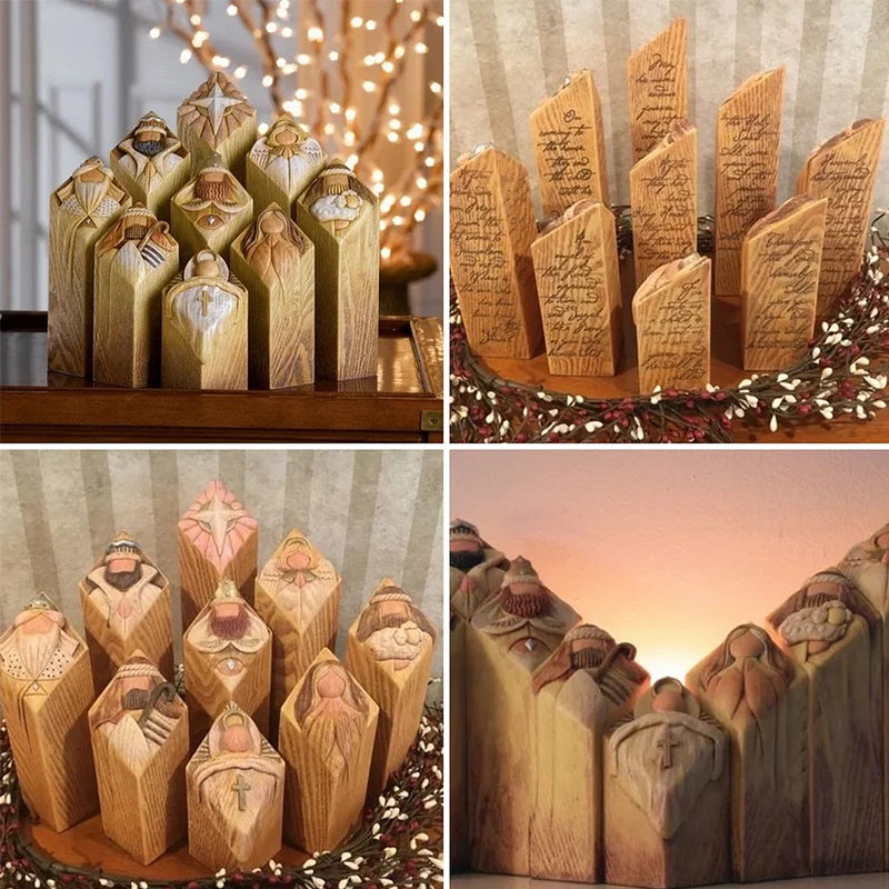 "Handgjorda Kristusfödelse statyer i harts, traditionella figurer som Maria och Josef i detaljrik stil."