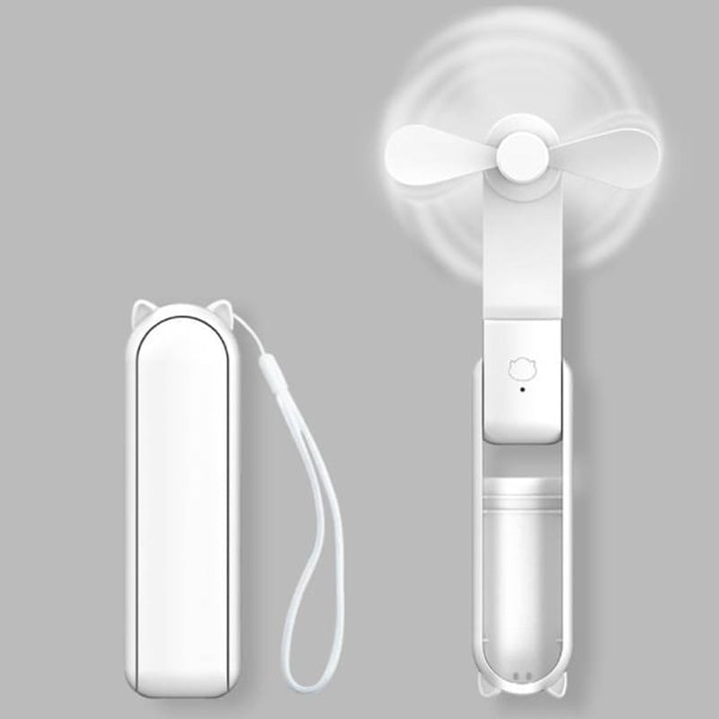 "Handhållen bärbar fläkt med USB-laddning, stilren design utan synliga vindblad, finns i flera färger."