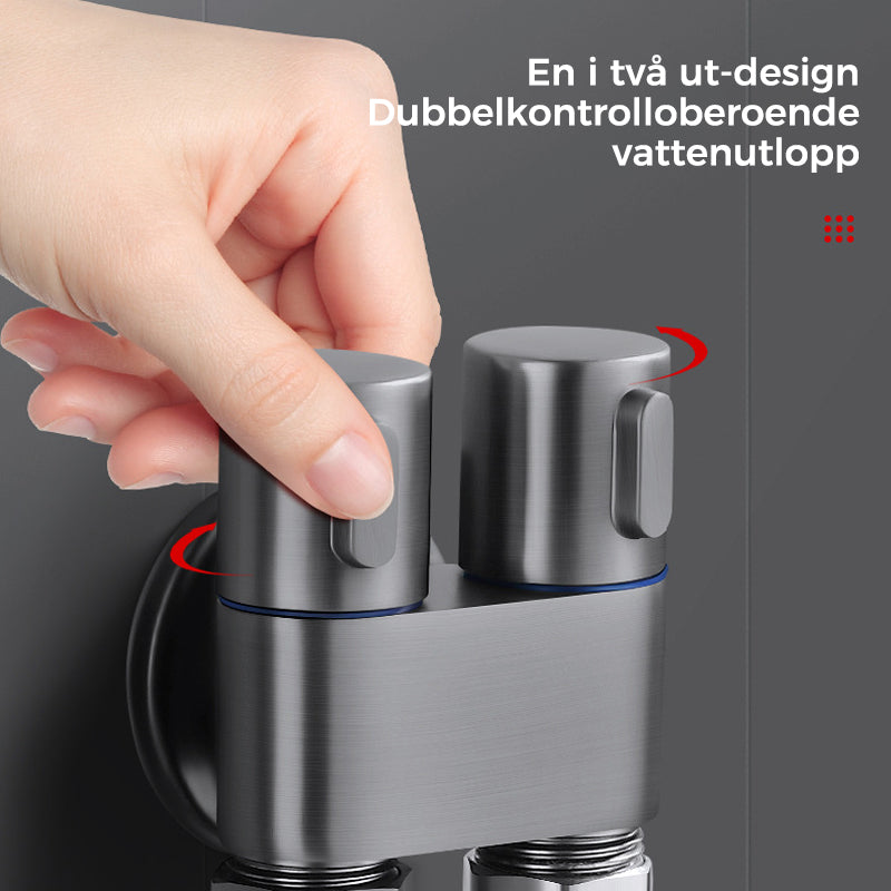 "Handhållen bidéspruta för badrum med dubbelkontroll, elegant design i mässing, justerbart vattenflöde och flexibel slang."