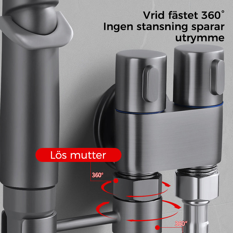 "Handhållen bidéspruta för badrum med dubbelkontroll, elegant design i mässing, justerbart vattenflöde och flexibel slang."