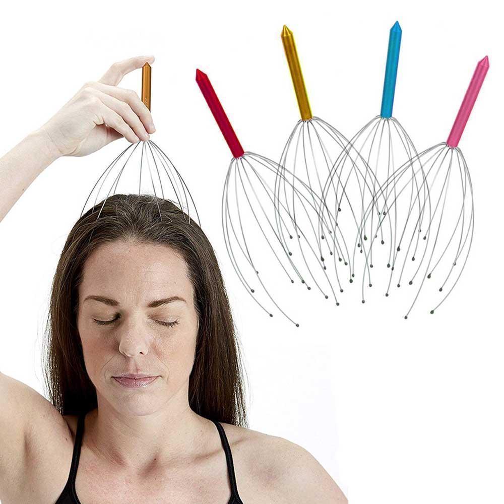 Handhållen huvudmassage, silverfärgad med kloliknande toppar, för hårstimulering och avslappning. Perfekt för välbefinnande.