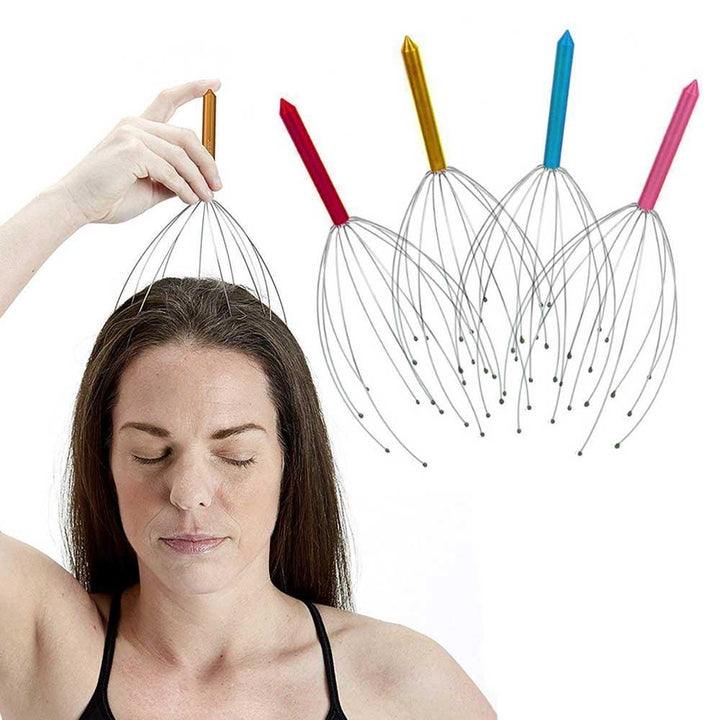 Handhållen huvudmassage, silverfärgad med kloliknande toppar, för hårstimulering och avslappning. Perfekt för välbefinnande.