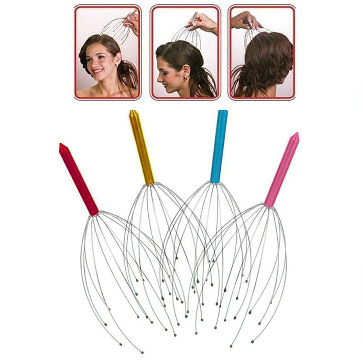 Handhållen huvudmassage, silverfärgad med kloliknande toppar, för hårstimulering och avslappning. Perfekt för välbefinnande.