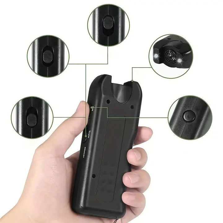 "Handhållen svart ultraljudsavskräckare för djur, kompakt design med LED-ficklampa, idealisk för att avskräcka oönskade djur.