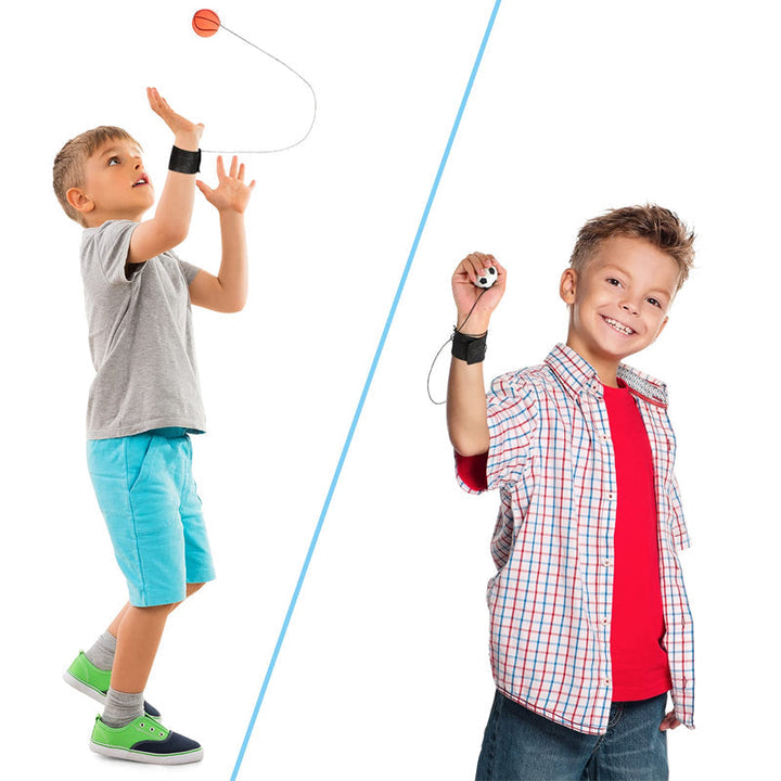 "Handledsband med studsande boll, träningsredskap i gummi och nylon, designad för lek och reflexövningar, orange basketboll."