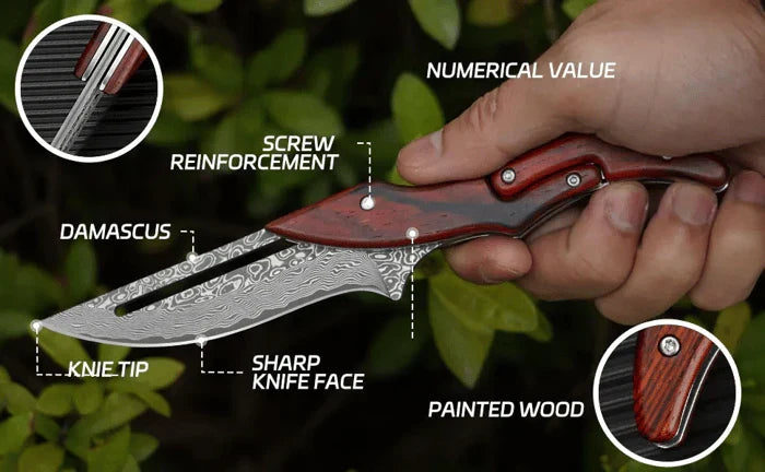 Elegant handsmidd damaskusstål kniv, universellt verktyg för camping och äventyrare.