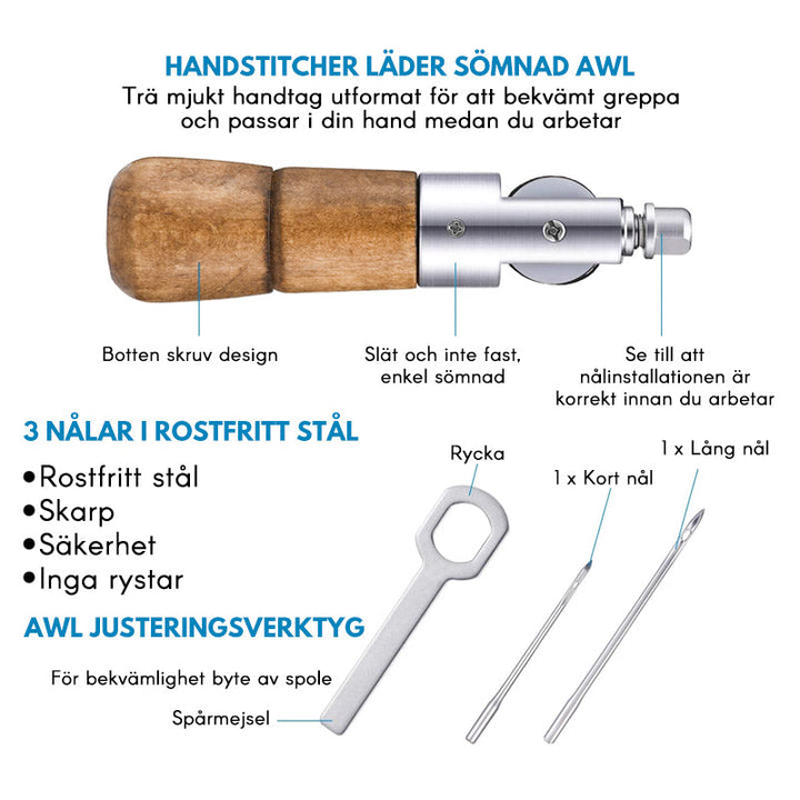 "Handsyermaskin med trähandtag och stålstruktur, kompakt design för läderarbeten, perfekt för hantverk och reparationer."