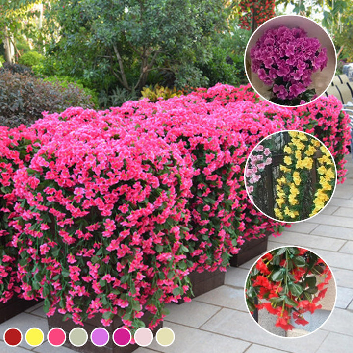 "Hängande konstgjord blomkorg med lila silkesblommor, livfulla färger för inredning, realistisk och naturlig design."