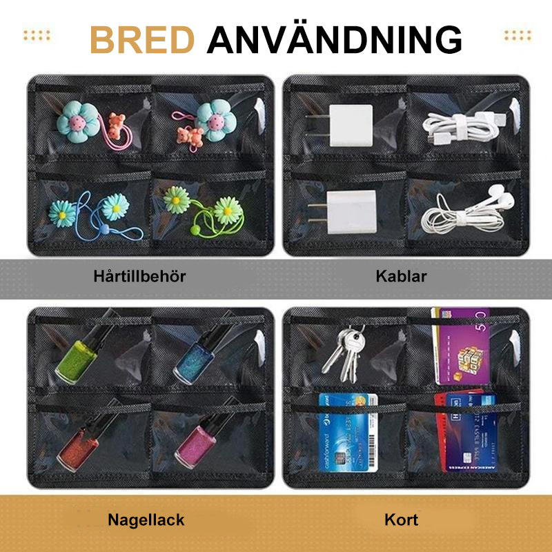 "Hängande transparent smyckesorganisatör med fickor och krokar, idealisk för organiserad smyckesförvaring för kvinnor."