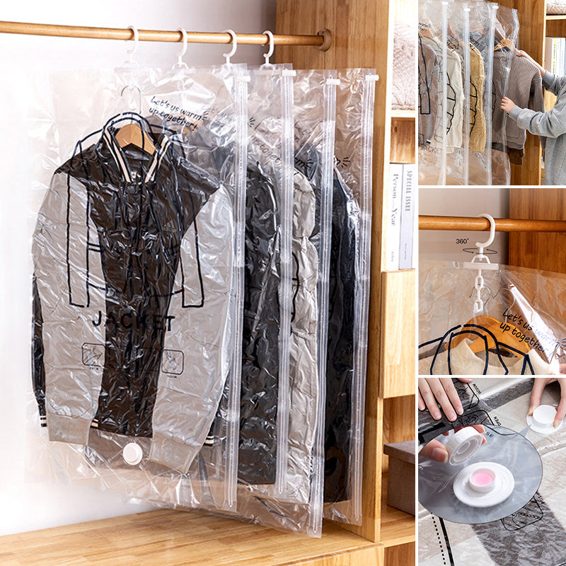 "Hängande vakuumpåsar för klädförvaring, transparent design med 5 öglor, skyddar kläder från damm och fukt, 120x60 cm."