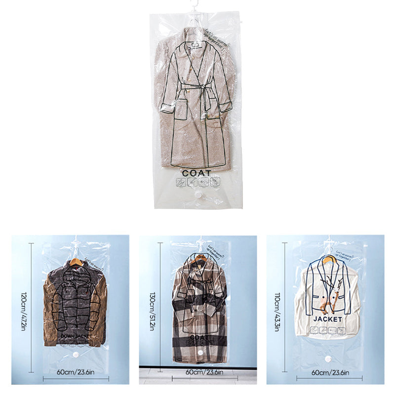 "Hängande vakuumpåsar för klädförvaring, transparent design med 5 öglor, skyddar kläder från damm och fukt, 120x60 cm."