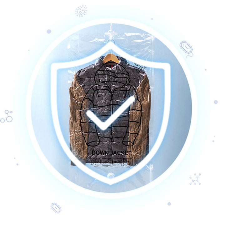 "Hängande vakuumpåsar för klädförvaring, transparent design med 5 öglor, skyddar kläder från damm och fukt, 120x60 cm."