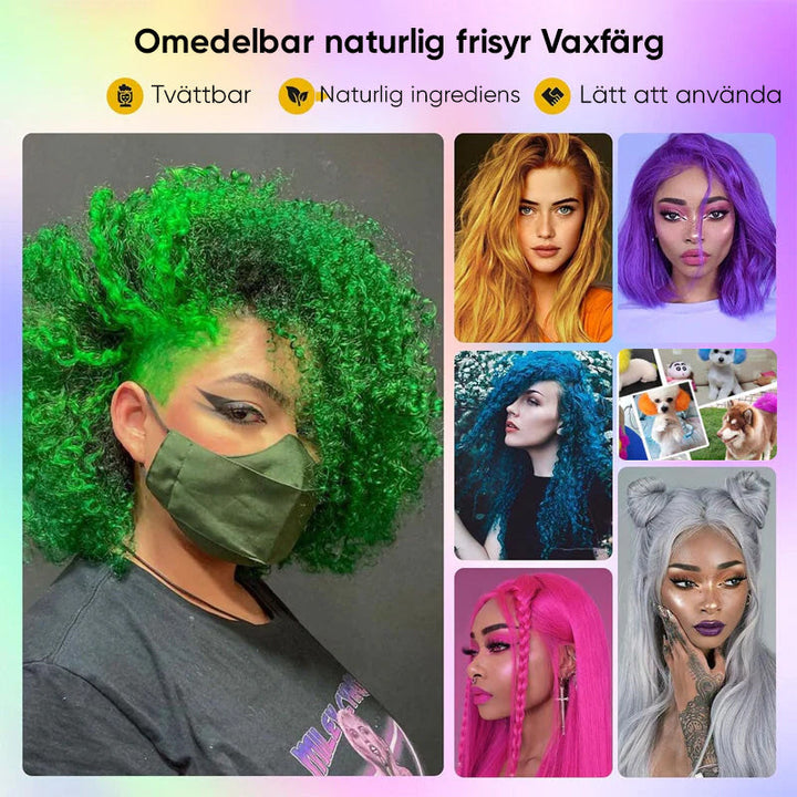 "Hårfärgsvax med livfulla färger för kreativ styling, naturliga ingredienser och enkel applicering hemma."