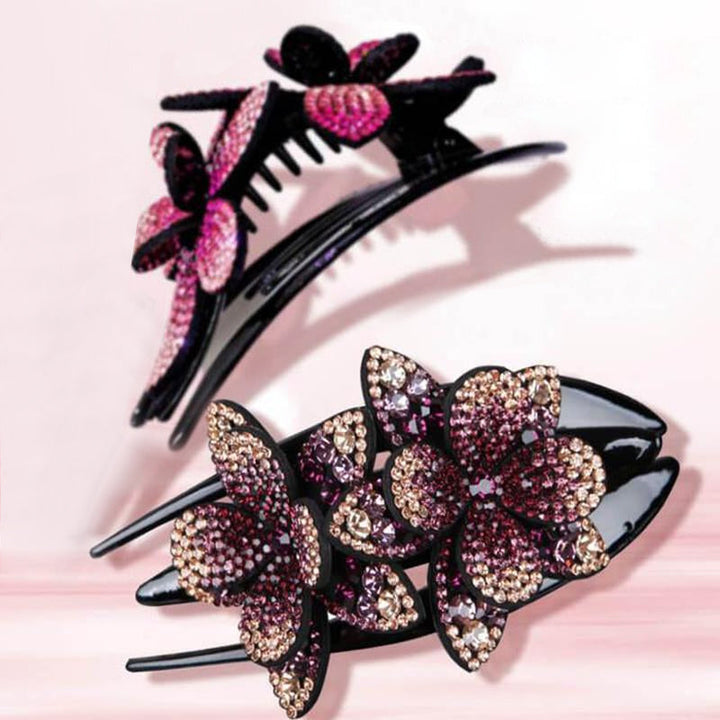 "Hårklämma med strass och dubbla blommor för kvinnor, elegant design med glittrande detaljer i olika färger."
