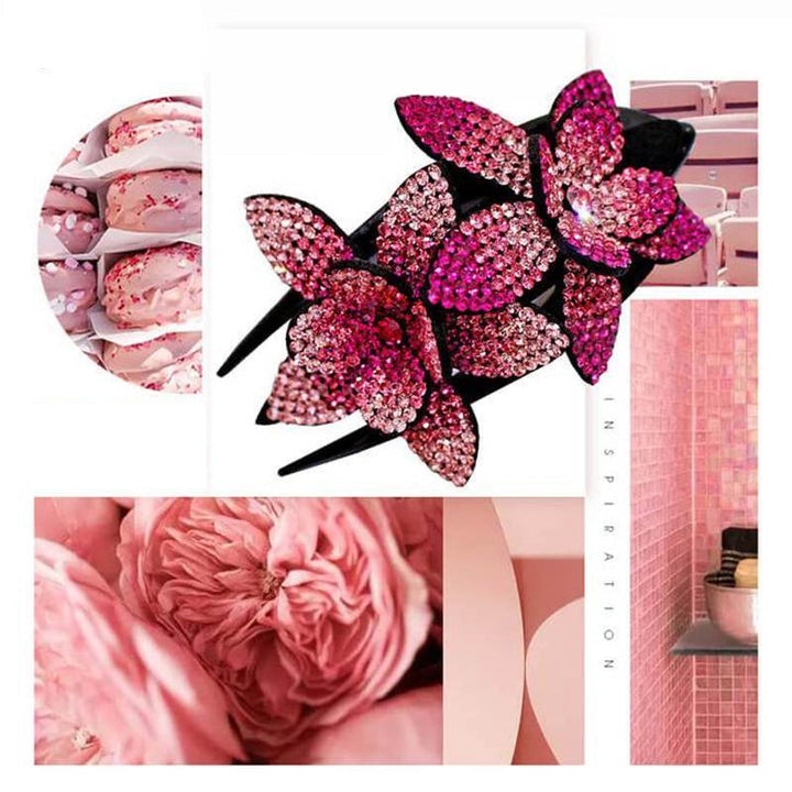 "Hårklämma med strass och dubbla blommor för kvinnor, elegant design med glittrande detaljer i olika färger."
