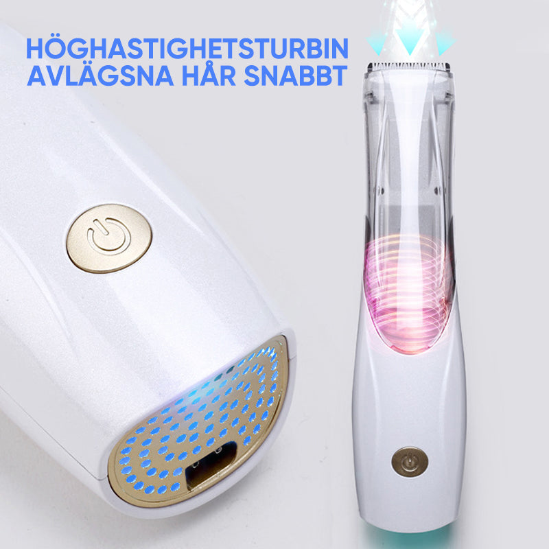 "Hårklippare för husdjur med vakuumfunktion, elegant design, ergonomiskt grepp, grå och svart färgschema."