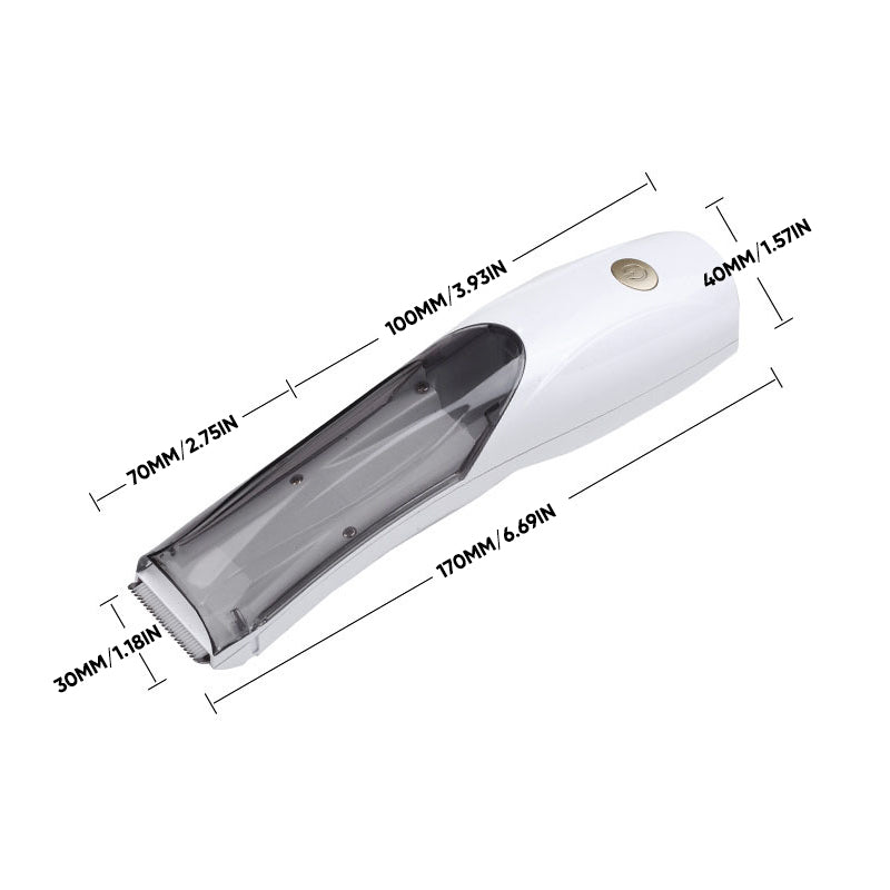 "Hårklippare för husdjur med vakuumfunktion, elegant design, ergonomiskt grepp, grå och svart färgschema."