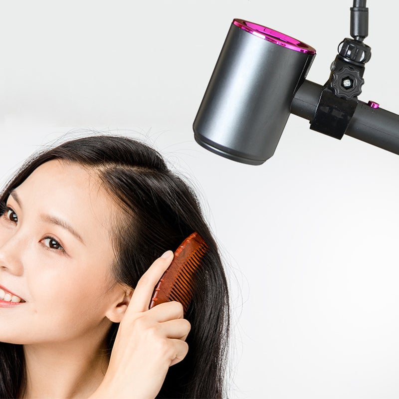 "Hårtorkhållare med justerbar sugkopp, flexibel 360° design i vit plast. Perfekt för handsfree hårstyling."