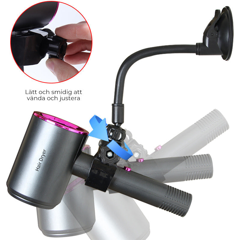 "Hårtorkhållare med justerbar sugkopp, flexibel 360° design i vit plast. Perfekt för handsfree hårstyling."