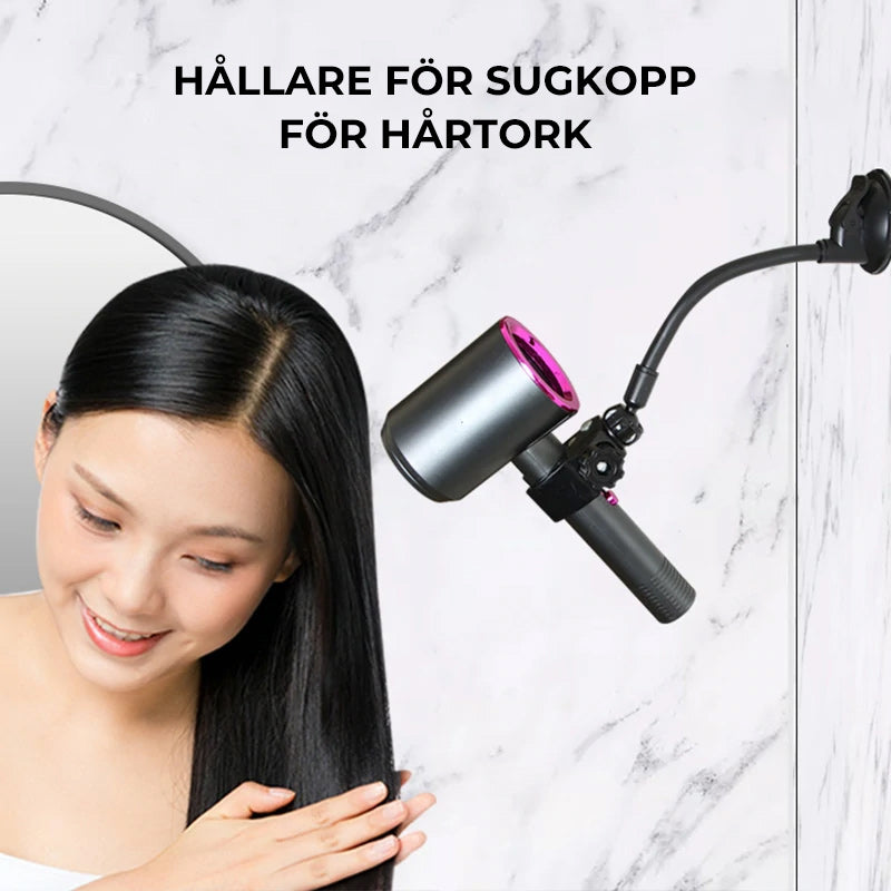 "Hårtorkhållare med justerbar sugkopp, flexibel 360° design i vit plast. Perfekt för handsfree hårstyling."
