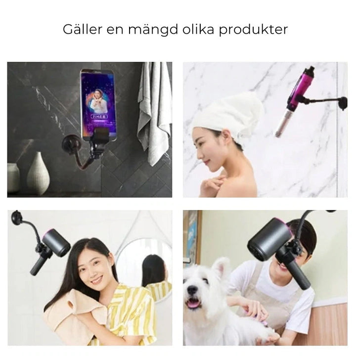 "Hårtorkhållare med justerbar sugkopp, flexibel 360° design i vit plast. Perfekt för handsfree hårstyling."