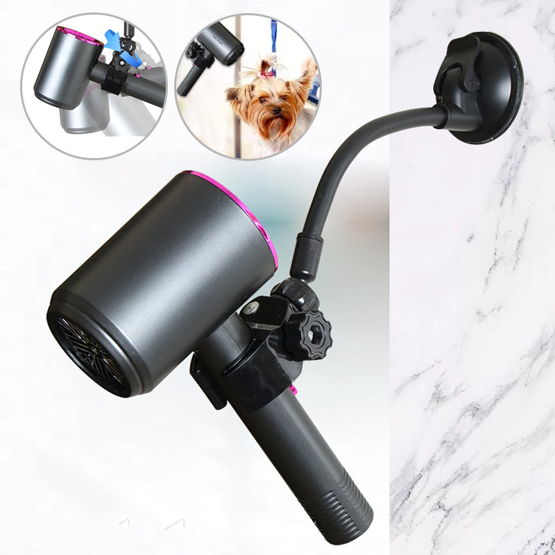 "Hårtorkhållare med justerbar sugkopp, flexibel 360° design i vit plast. Perfekt för handsfree hårstyling."