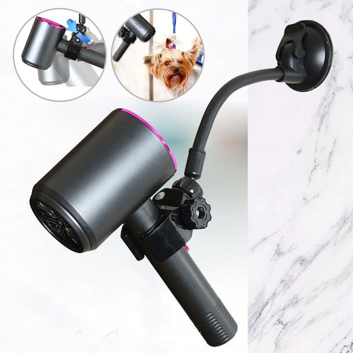 "Hårtorkhållare med justerbar sugkopp, flexibel 360° design i vit plast. Perfekt för handsfree hårstyling."