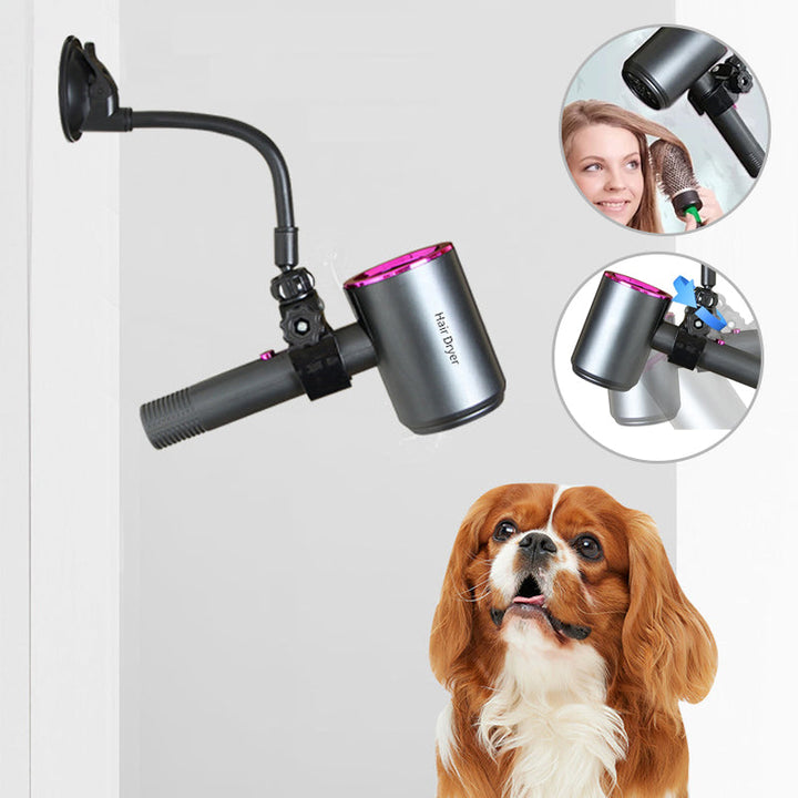 "Hårtorkhållare med justerbar sugkopp, flexibel 360° design i vit plast. Perfekt för handsfree hårstyling."