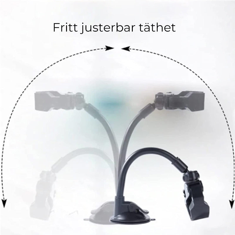 "Hårtorkhållare med justerbar sugkopp, flexibel 360° design i vit plast. Perfekt för handsfree hårstyling."