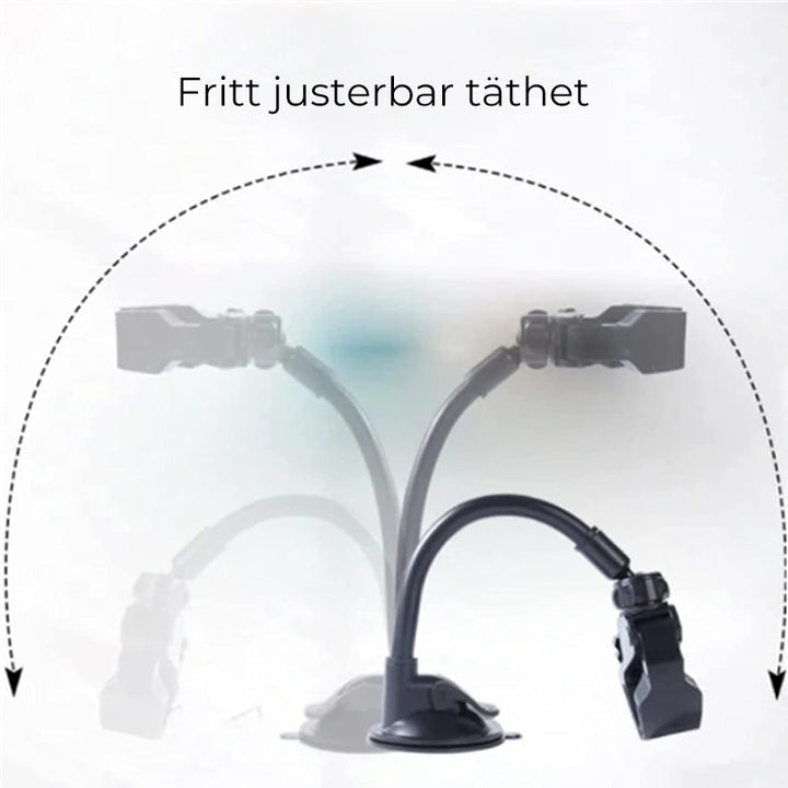 "Hårtorkhållare med justerbar sugkopp, flexibel 360° design i vit plast. Perfekt för handsfree hårstyling."