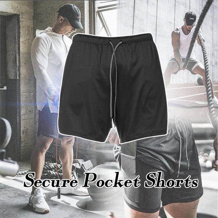 "Herr 2-i-1 shorts med kamouflagemönster och säkerhetsficka, designade för stil och funktionalitet vid träning."