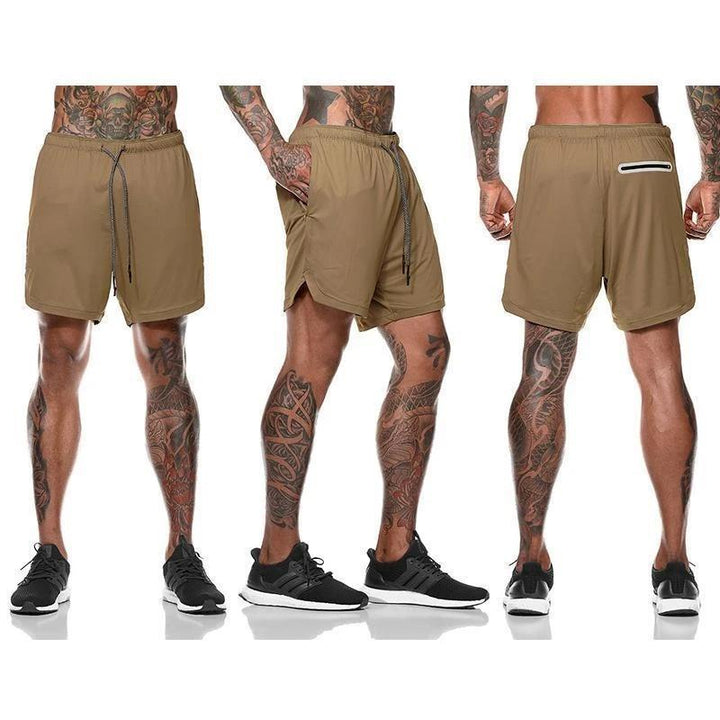 "Herr 2-i-1 shorts med kamouflagemönster och säkerhetsficka, designade för stil och funktionalitet vid träning."
