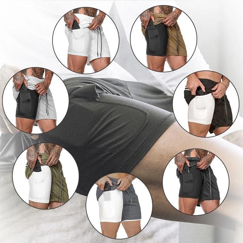 "Herr 2-i-1 shorts med kamouflagemönster och säkerhetsficka, designade för stil och funktionalitet vid träning."