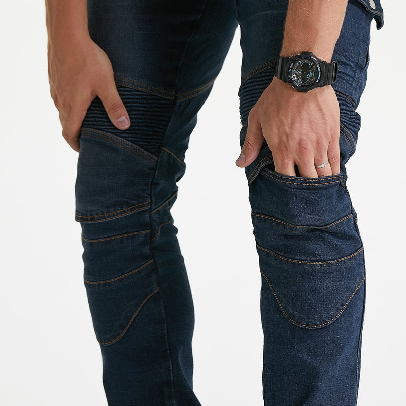 "Herr Aramid MC Jeans med skyddsfoder, stiliga motorcykeljeans med förstärkt Aramidfiber och ergonomiskt skydd."