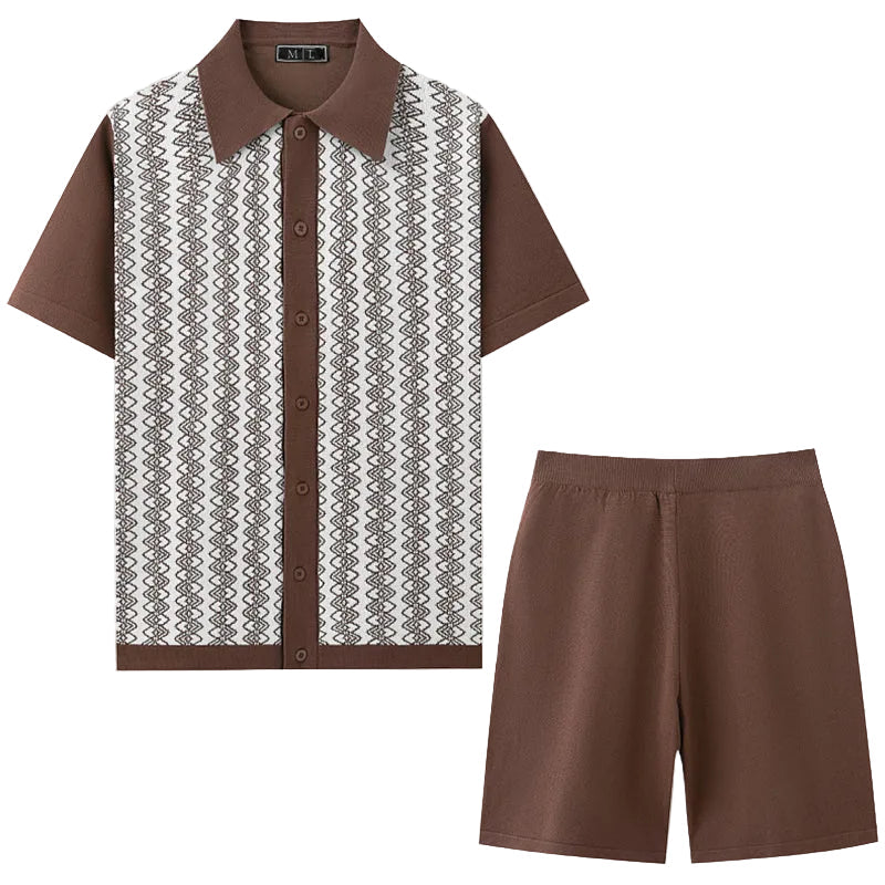 Herr Avslappnat Sommarset, Kortärmad Skjorta & Shorts med Blått Geometriskt Mönster. Perfekt för Strand.
