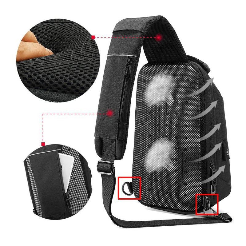 "Herr axelväska i PVC med USB, tredimensionell dyna, elegant design, vattenavvisande material, svart färg."