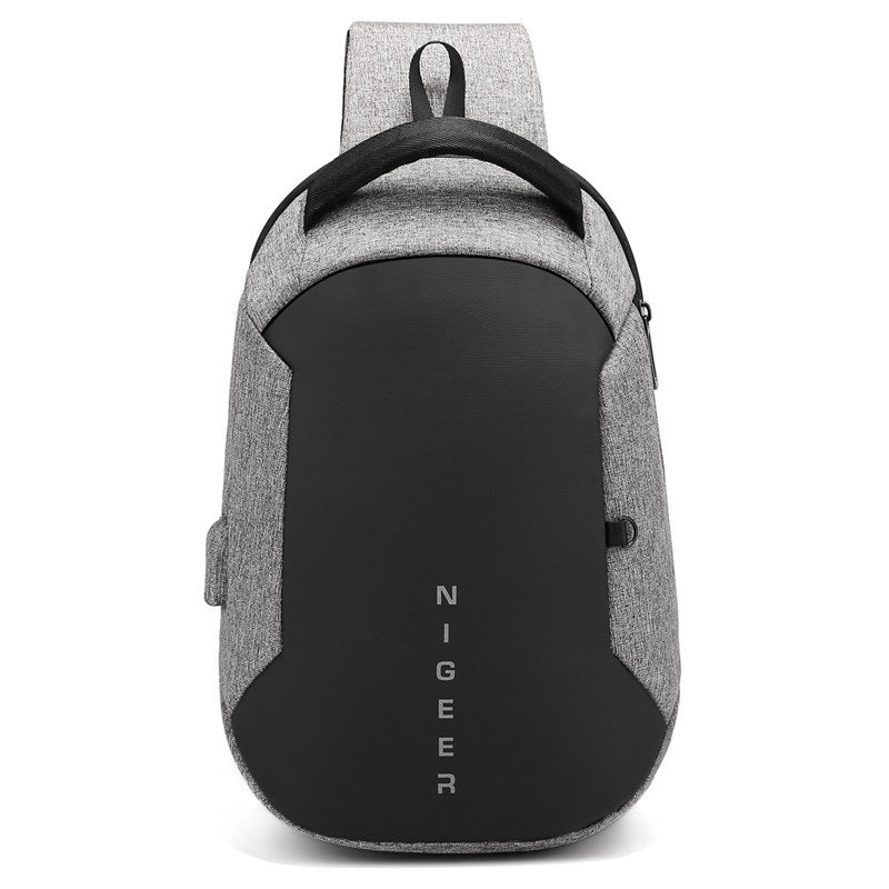 "Herr axelväska i PVC med USB, tredimensionell dyna, elegant design, vattenavvisande material, svart färg."